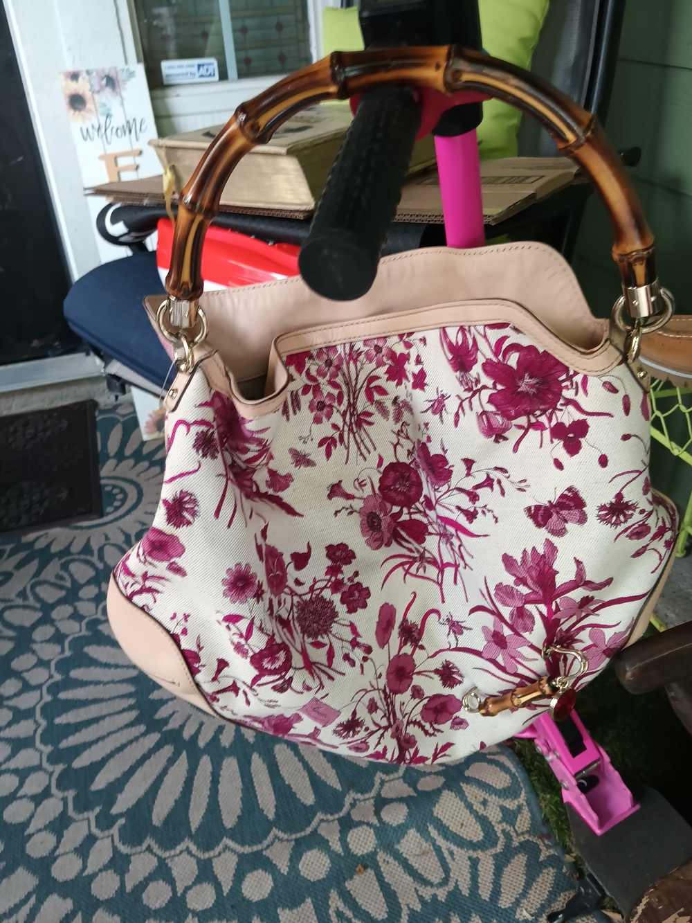 Gucci Floral Canvas Shoulder Bag - Pink/Burgundy & Cream